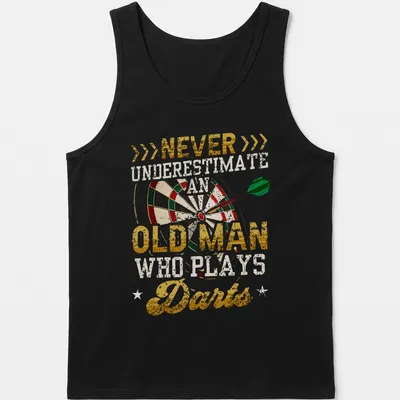 Vintage distressed t-shirt featuring a dartboard with humorous text about old men who play darts. — printed on a tank top