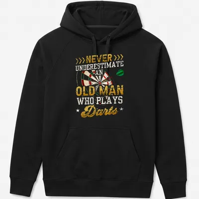 Vintage distressed t-shirt featuring a dartboard with humorous text about old men who play darts. — printed on a unisex hoodie