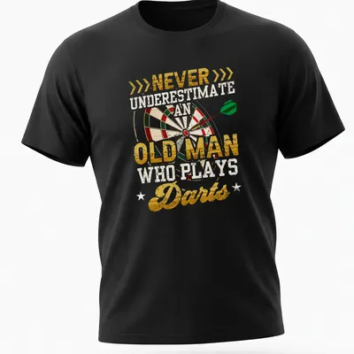 Vintage distressed t-shirt featuring a dartboard with humorous text about old men who play darts.