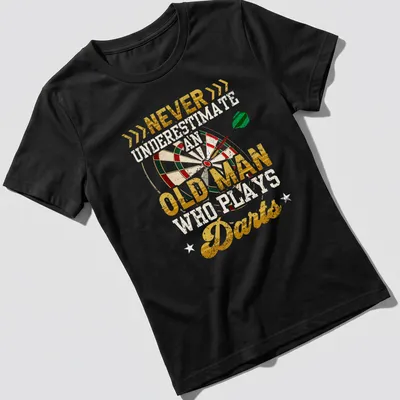 Vintage distressed t-shirt featuring a dartboard with humorous text about old men who play darts. — printed on a women's shirt