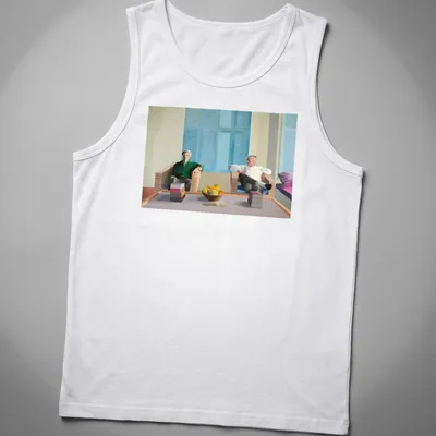 Modern painting style t-shirt featuring names of Hockney, Isherwood, and Bachardy in vibrant colors — printed on a tank top