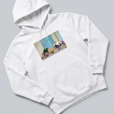 Modern painting style t-shirt featuring names of Hockney, Isherwood, and Bachardy in vibrant colors — printed on a unisex hoodie