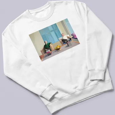 Modern painting style t-shirt featuring names of Hockney, Isherwood, and Bachardy in vibrant colors — printed on a unisex sweatshirt