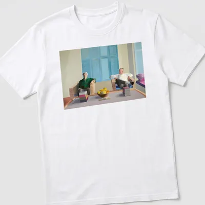 Modern painting style t-shirt featuring names of Hockney, Isherwood, and Bachardy in vibrant colors