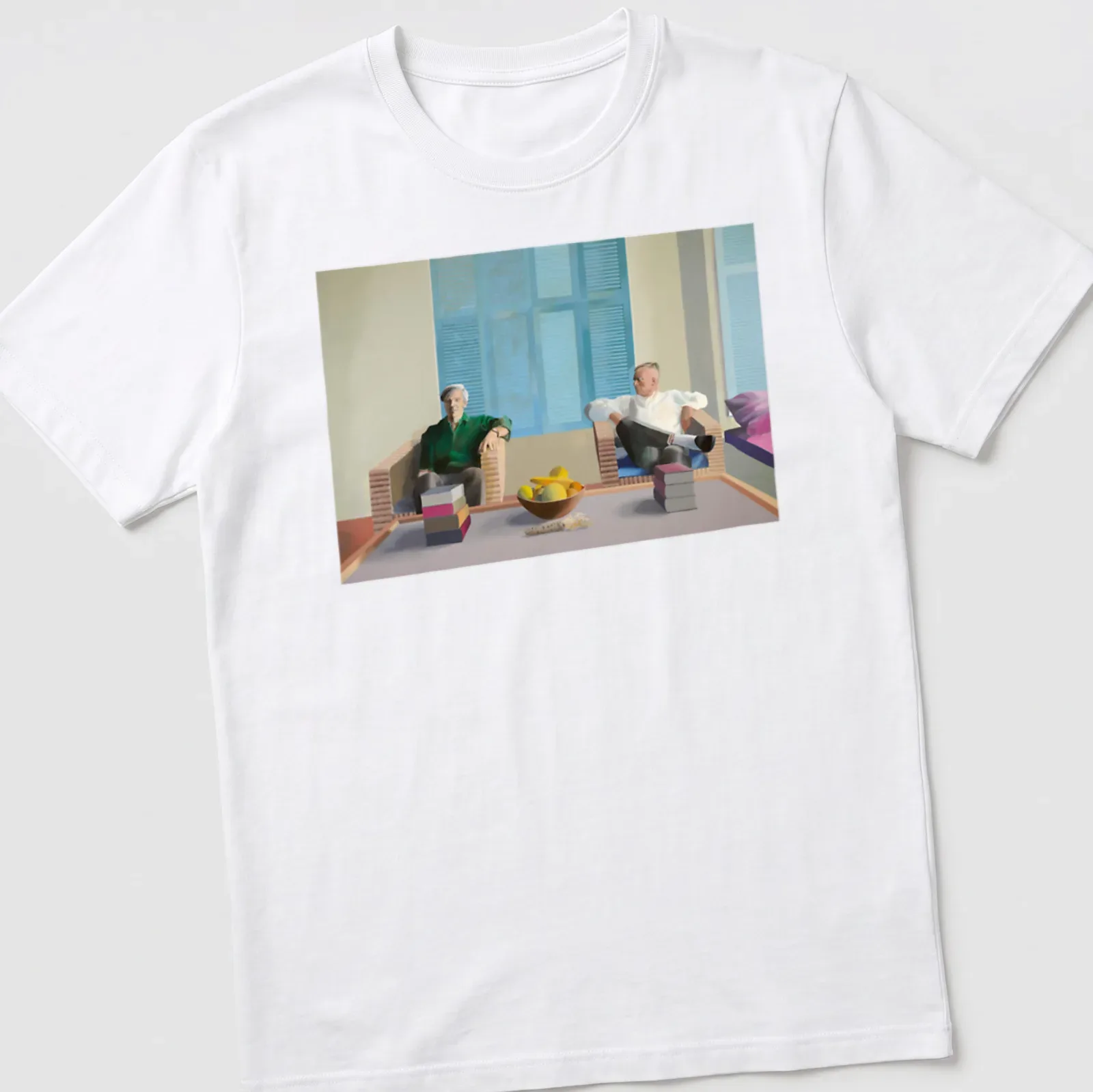 Modern painting style t-shirt featuring names of Hockney, Isherwood, and Bachardy in vibrant colors — printed on a unisex t-shirt