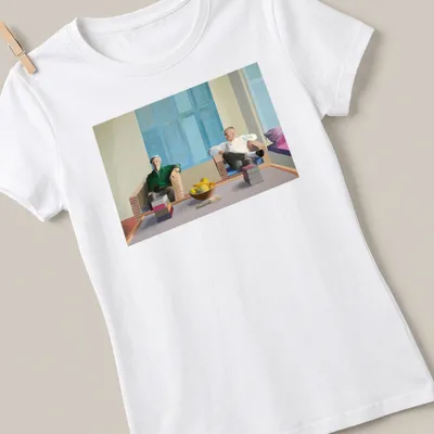 Modern painting style t-shirt featuring names of Hockney, Isherwood, and Bachardy in vibrant colors — printed on a women's shirt