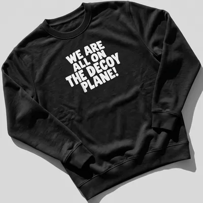 Bold typography shirt saying 'WE ARE ALL ON THE DECoy PLANE!' in white — printed on a unisex sweatshirt