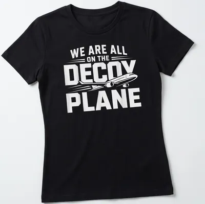 Bold typography shirt with the phrase We Are All On The Decoy Plane in white and black — printed on a women's shirt