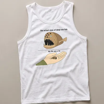 Cartoon design featuring humorous deep-sea fish sizes with printed text. — printed on a tank top