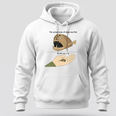 Cartoon design featuring humorous deep-sea fish sizes with printed text. — printed on a unisex hoodie
