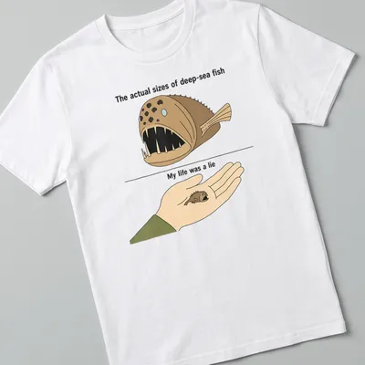 Cartoon design featuring humorous deep-sea fish sizes with printed text.
