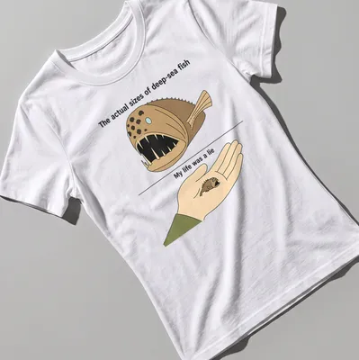 Cartoon design featuring humorous deep-sea fish sizes with printed text. — printed on a women's shirt