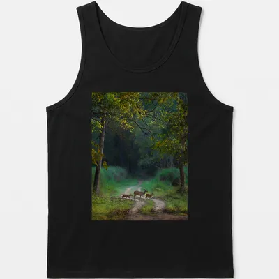 Nature photography of a deer crossing a path in earthy colors — printed on a tank top