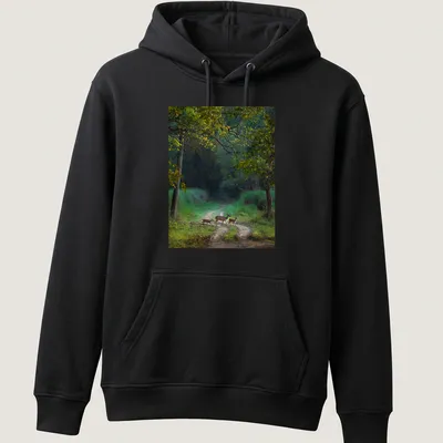 Nature photography of a deer crossing a path in earthy colors — printed on a unisex hoodie