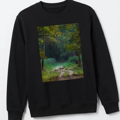 Nature photography of a deer crossing a path in earthy colors — printed on a unisex sweatshirt