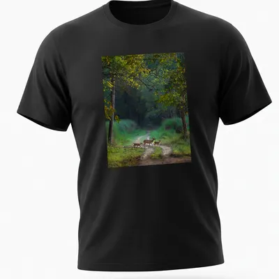 Nature photography of a deer crossing a path in earthy colors — printed on a unisex t-shirt