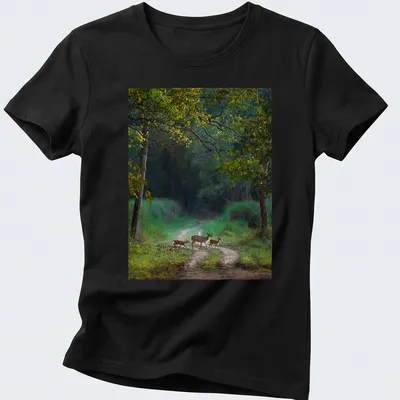 Nature photography of a deer crossing a path in earthy colors — printed on a women's shirt