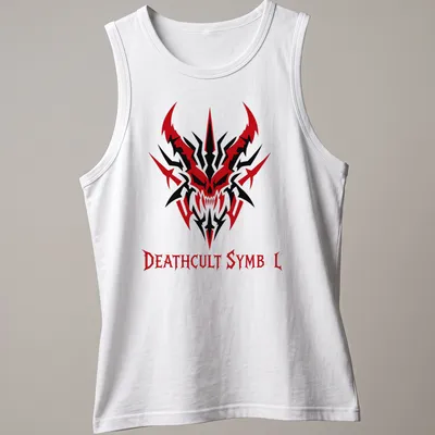 Demonic skull design with the text 'DEATHCULT SYMBOL' in red, black, and white for heavy metal fans — printed on a tank top