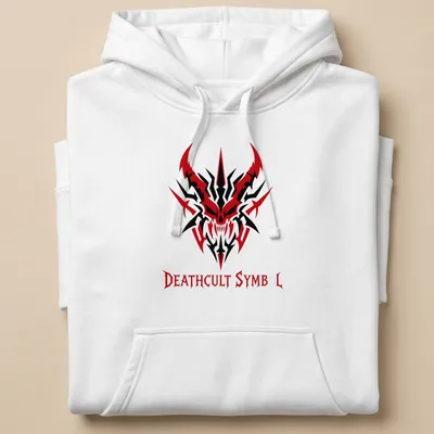 Demonic skull design with the text 'DEATHCULT SYMBOL' in red, black, and white for heavy metal fans — printed on a unisex hoodie