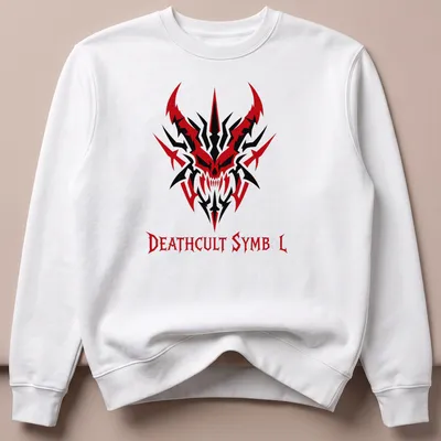 Demonic skull design with the text 'DEATHCULT SYMBOL' in red, black, and white for heavy metal fans — printed on a unisex sweatshirt
