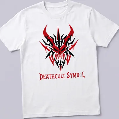 Demonic skull design with the text 'DEATHCULT SYMBOL' in red, black, and white for heavy metal fans