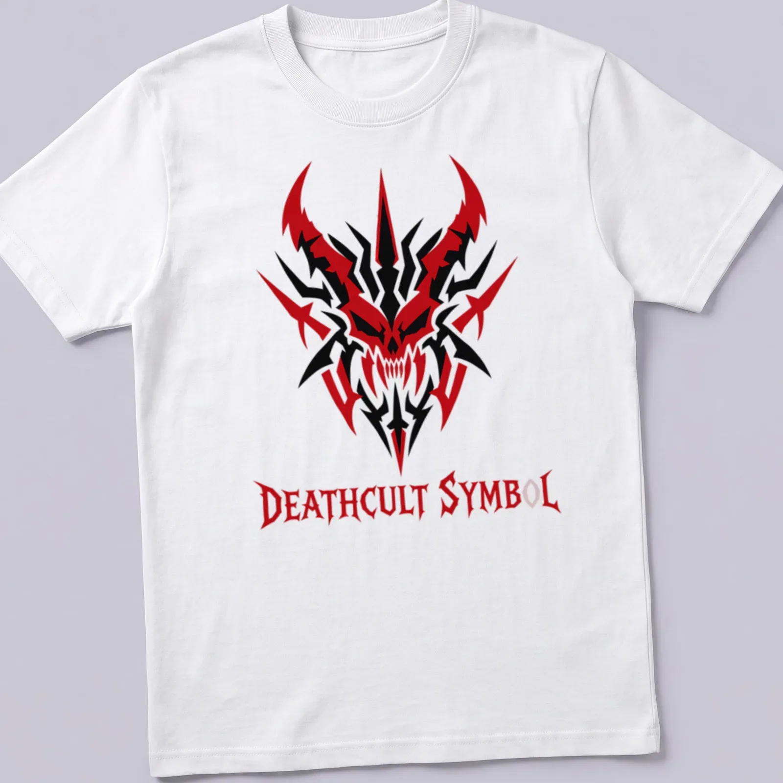 Demonic skull design with the text 'DEATHCULT SYMBOL' in red, black, and white for heavy metal fans — printed on a unisex t-shirt