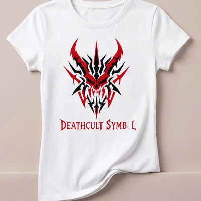 Demonic skull design with the text 'DEATHCULT SYMBOL' in red, black, and white for heavy metal fans — printed on a women's shirt