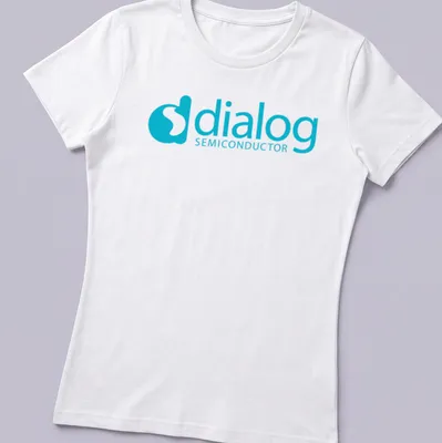 Modern Dialog Semiconductor logo tee in cyan and white — printed on a women's shirt