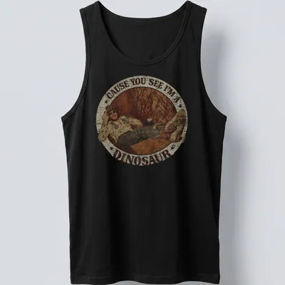 Retro distressed t-shirt featuring a playful dinosaur illustration and humorous text. — printed on a tank top