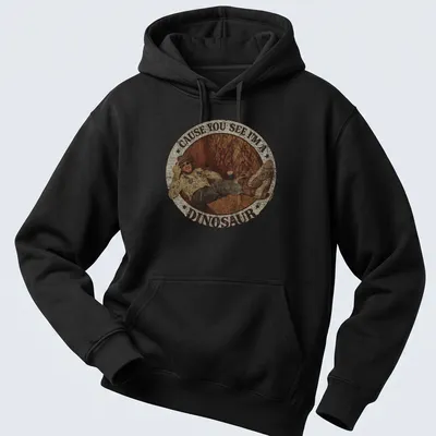 Retro distressed t-shirt featuring a playful dinosaur illustration and humorous text. — printed on a unisex hoodie