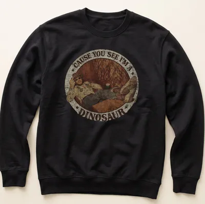 Retro distressed t-shirt featuring a playful dinosaur illustration and humorous text. — printed on a unisex sweatshirt