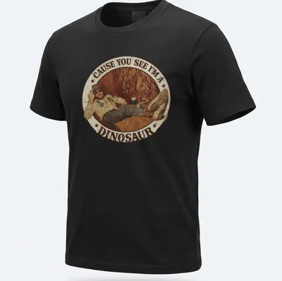Retro distressed t-shirt featuring a playful dinosaur illustration and humorous text.