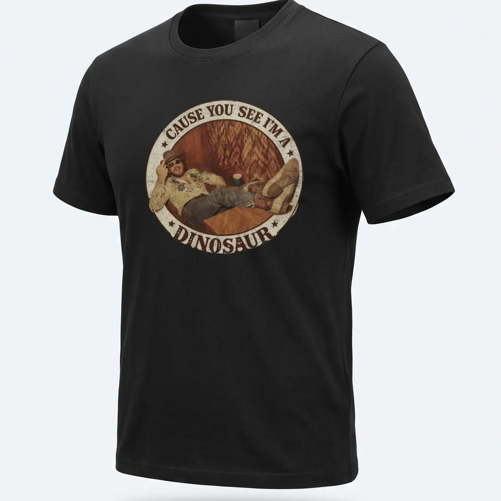 Retro distressed t-shirt featuring a playful dinosaur illustration and humorous text. — printed on a unisex t-shirt