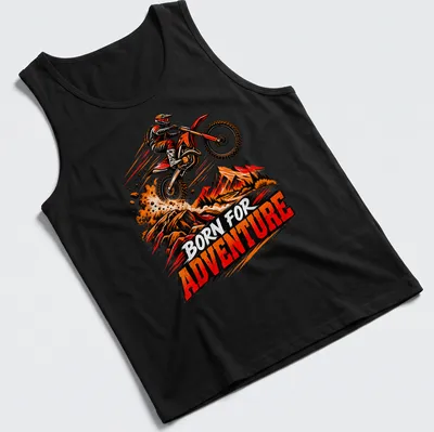 Vintage illustration of a dirt bike motocross rider with 'BORN FOR ADVENTURE' text — printed on a tank top