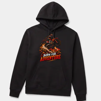 Vintage illustration of a dirt bike motocross rider with 'BORN FOR ADVENTURE' text — printed on a unisex hoodie