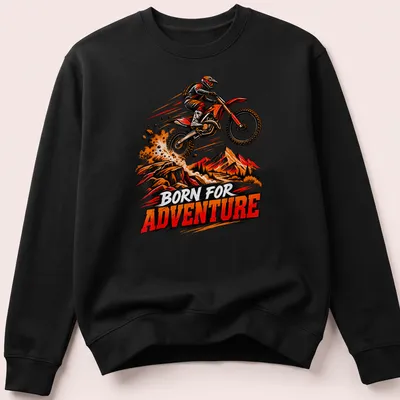 Vintage illustration of a dirt bike motocross rider with 'BORN FOR ADVENTURE' text — printed on a unisex sweatshirt