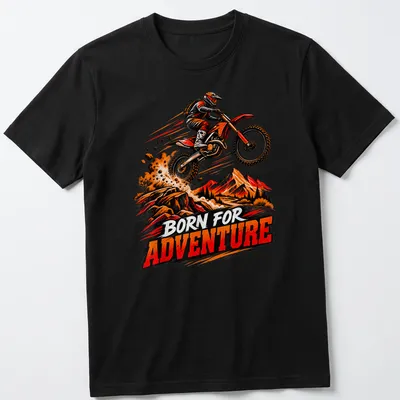 Vintage illustration of a dirt bike motocross rider with 'BORN FOR ADVENTURE' text