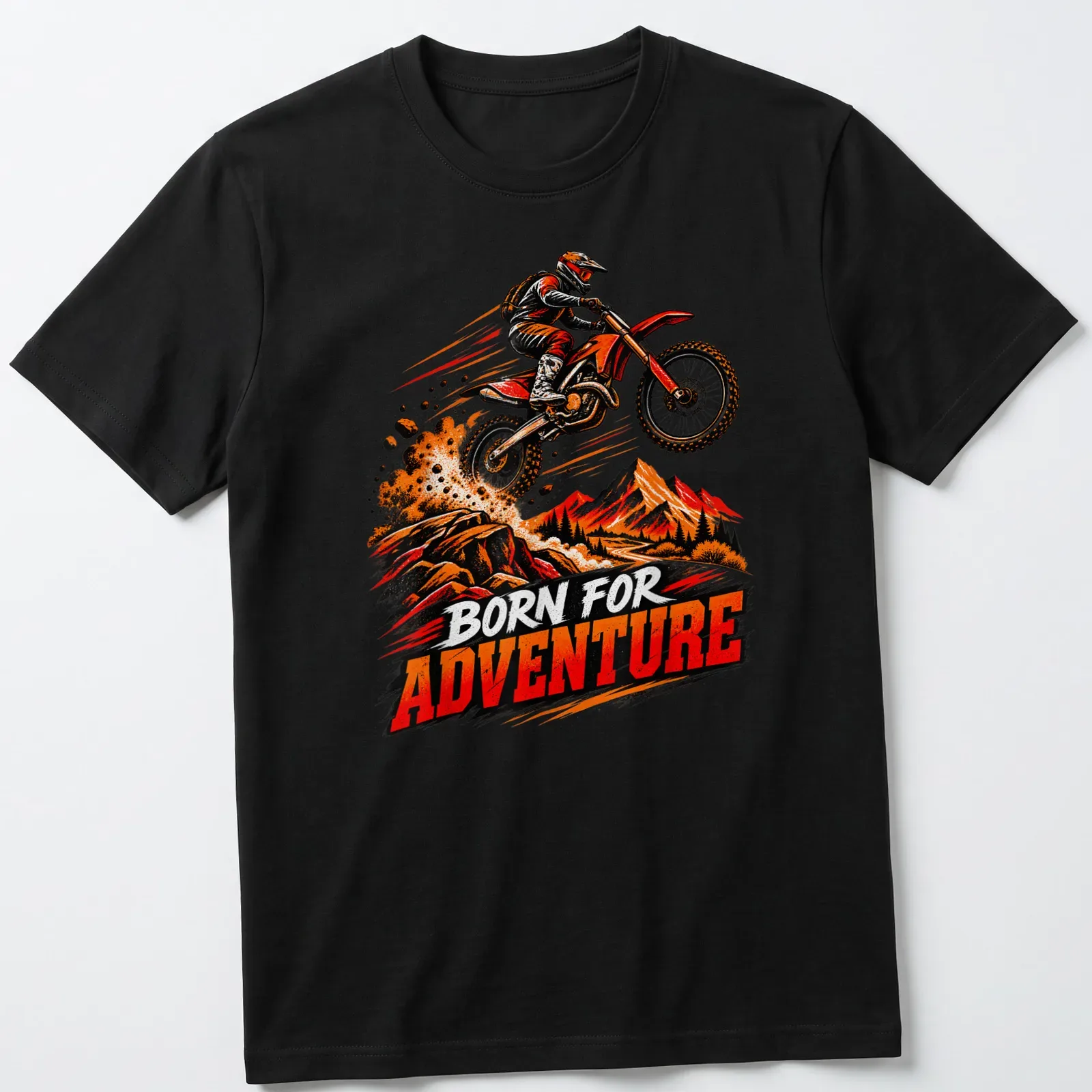 Vintage illustration of a dirt bike motocross rider with 'BORN FOR ADVENTURE' text — printed on a unisex t-shirt