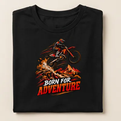 Vintage illustration of a dirt bike motocross rider with 'BORN FOR ADVENTURE' text — printed on a women's shirt