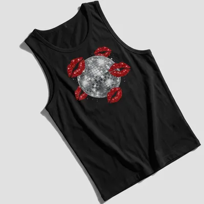 Illustration of a disco ball above red kissing lips in a glittery style. — printed on a tank top
