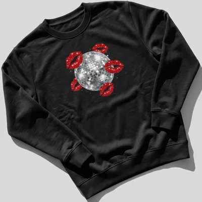 Illustration of a disco ball above red kissing lips in a glittery style. — printed on a unisex sweatshirt