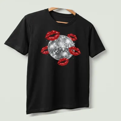 Illustration of a disco ball above red kissing lips in a glittery style. — printed on a unisex t-shirt (angled view)