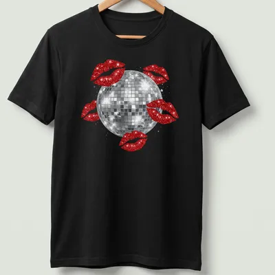 Illustration of a disco ball above red kissing lips in a glittery style.