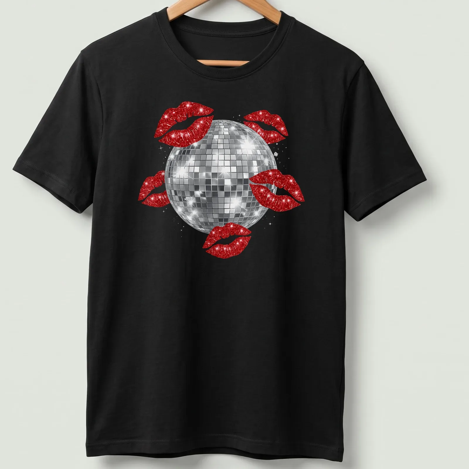 Illustration of a disco ball above red kissing lips in a glittery style. — printed on a unisex t-shirt