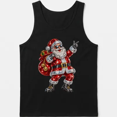 Colorful cartoon Disco Santa dancing at a Christmas party with festive colors — printed on a tank top