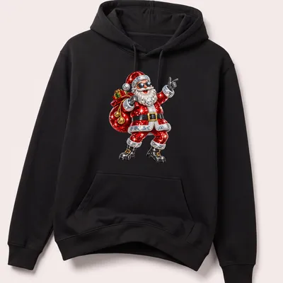 Colorful cartoon Disco Santa dancing at a Christmas party with festive colors — printed on a unisex hoodie