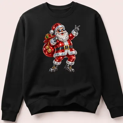 Colorful cartoon Disco Santa dancing at a Christmas party with festive colors — printed on a unisex sweatshirt