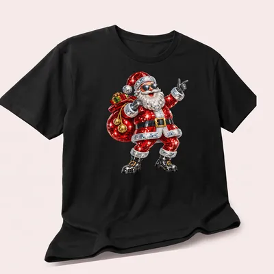 Colorful cartoon Disco Santa dancing at a Christmas party with festive colors — printed on a unisex t-shirt (angled view)