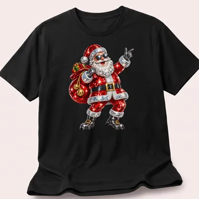 Colorful cartoon Disco Santa dancing at a Christmas party with festive colors