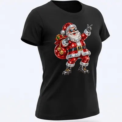 Colorful cartoon Disco Santa dancing at a Christmas party with festive colors — printed on a women's shirt